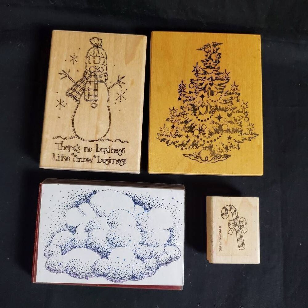 Stampin’ Up! Christmas Rubber Stamp Lot – Set of 4 Retired Wood-Mounted Holiday